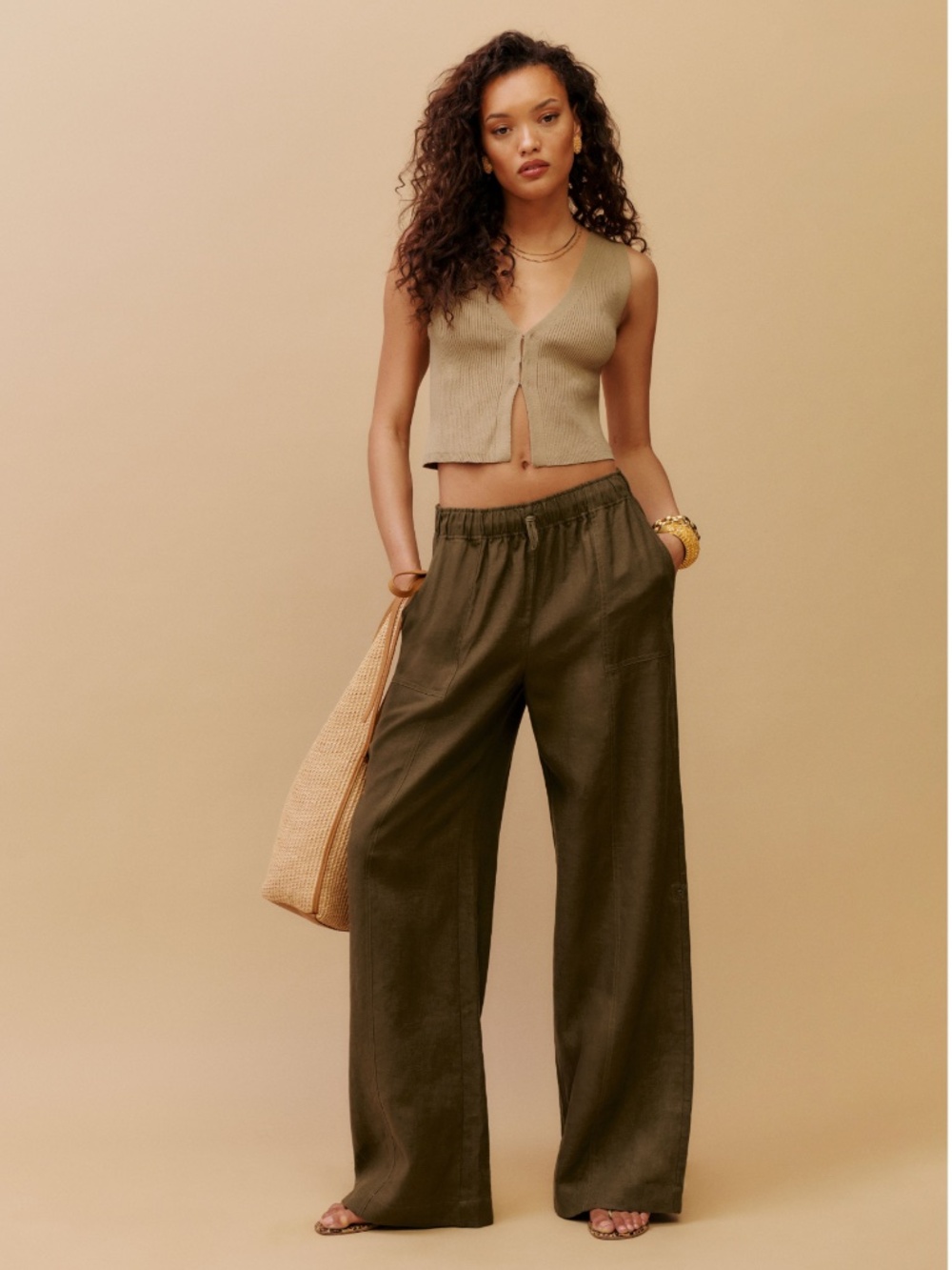 Reformation Olive Green Declan Wide Leg Pants with Convertible Length Medium - Picture 3 of 16